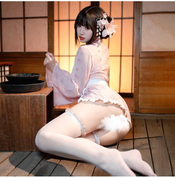 FEE ET MOI - Playful Bunny Print Kimono Robe (Pink - White) FEE ET MOI - Playful Bunny Print Kimono Robe (Pink - White)